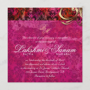 Indian Wedding Invite Damask Gold Pink Red Kaart