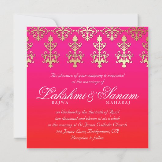 Indian Wedding Invite Damask Gold Pink Red White Kaart (Voorkant)