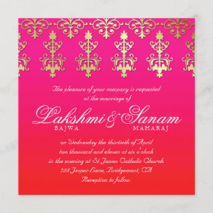 Indian Wedding Invite Damask Gold Pink Red White Kaart