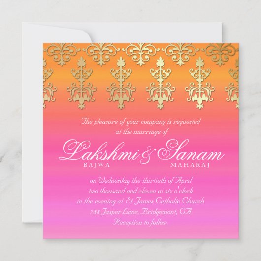 Indian Wedding Invite Damask Gold Pink Sinaasappel Kaart (Voorkant)