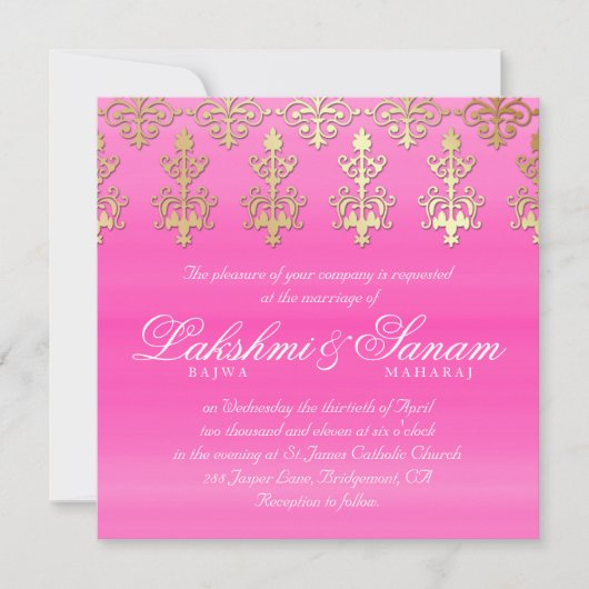 Indian Wedding Invite Damask Gold Pink White Kaart (Voorkant)