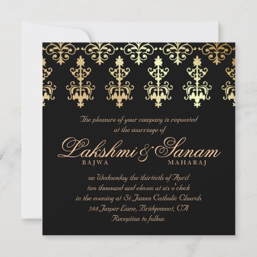 Indian Wedding Invite Damask Gold Winter Black Kaart (Voorkant)