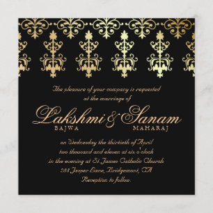 Indian Wedding Invite Damask Gold Winter Black Kaart