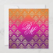 Indian Wedding Invite Damask Pink Paars Sinaasappe Kaart (Achterkant)