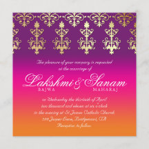 Indian Wedding Invite Damask Pink Paars Sinaasappe