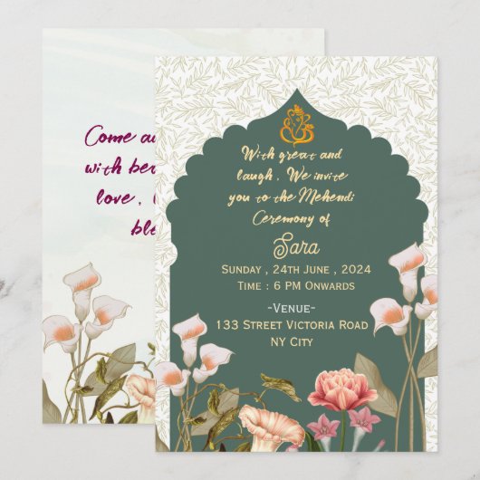 Indian Wedding Mehendi Ceremony Invitations  Kaart (Voorkant / Achterkant)