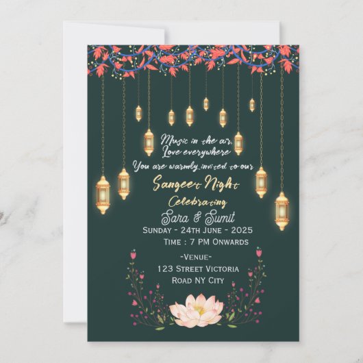 Indian Wedding Sangeet Night Ceremony Invitations  Kaart (Voorkant)