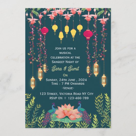 Indian Wedding Sangeet Night Invitations  Kaart (Voorkant)