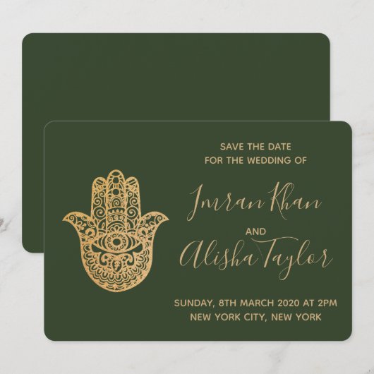 Indian Wedding Save the date Gold hamsa Henna (Voorkant / Achterkant)