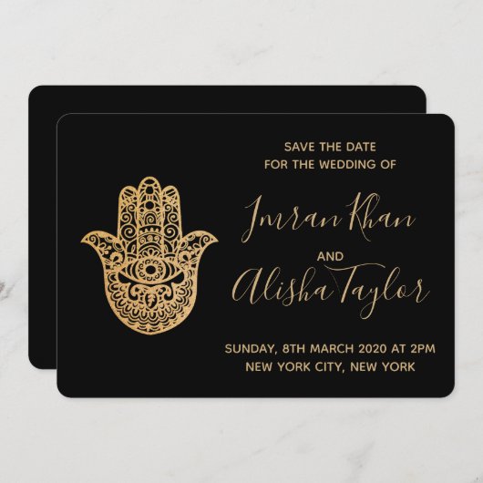 Indian Wedding Save the date Gold hamsa Henna (Voorkant / Achterkant)