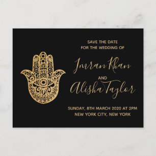 Indian Wedding Save the date Gold hamsa Henna Aankondigingskaart
