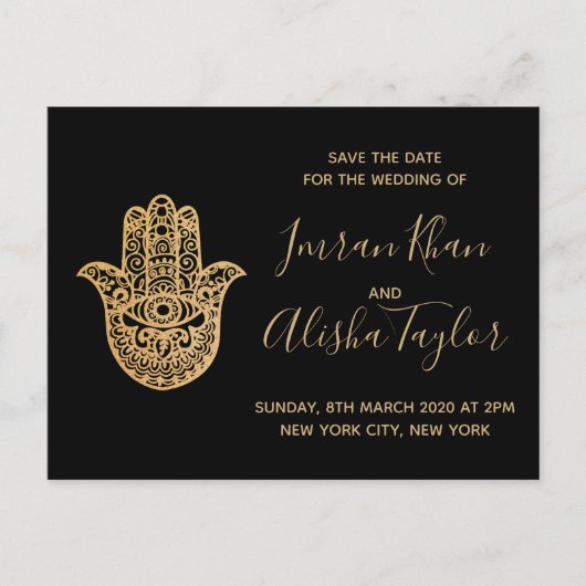 Indian Wedding Save the date Gold hamsa Henna Aankondigingskaart (Voorkant)