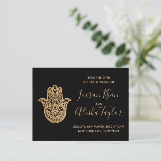 Indian Wedding Save the date Gold hamsa Henna Aankondigingskaart (Staand voorkant)