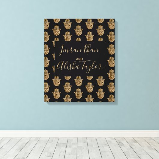 Indian Wedding Save the date Gold hamsa Henna Canvas Afdruk (Insitu (Houten vloer))