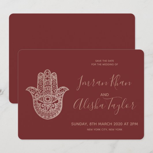 Indian Wedding Save the date Roos Gold hamsa Henna (Voorkant / Achterkant)