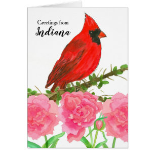 Indiana Hello Red Cardinal Watercolor Bird