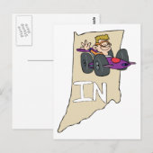 Indiana IN Map met grappige Indy Race Car Cartoon Briefkaart (Voorkant / Achterkant)