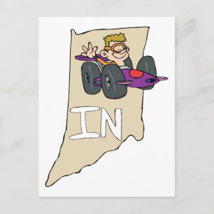 Indiana IN Map met grappige Indy Race Car Cartoon Briefkaart