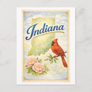 Indiana in vintage stijl met kardinaal en pioen briefkaart