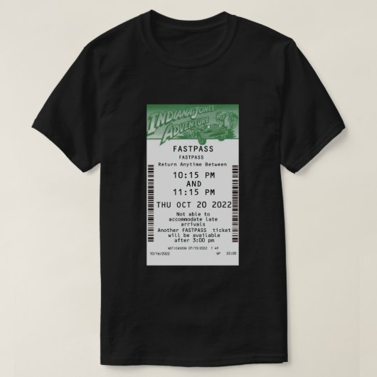 Indiana Jones Adventure Fastpass, oktober 2022 T-shirt (Design voorkant)