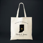 Indiana Map Wedding Welcome Bag Tas Black, Gold<br><div class="desc">Het weekend van de bruiloft heet cadeautas voor gasten uit de stad voor je bruiloft,  met afbeelding van Indiana,  met gouden hart.  Vul tas met je favoriete godies.</div>