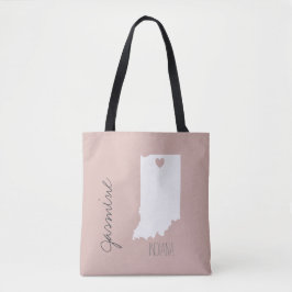 Indiana-staatskaart met hartpersonaliseerde naam tote bag