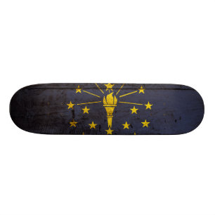 Indiana State Flag op Old Wood Grain Skateboard