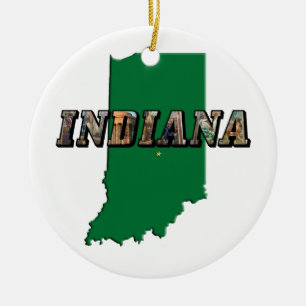 Indiana State Map Groene Omtrek & Fototekst Keramisch Ornament