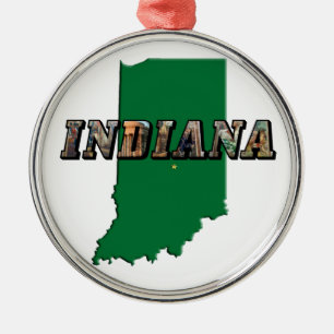 Indiana State Map Groene Omtrek & Fototekst Metalen Ornament