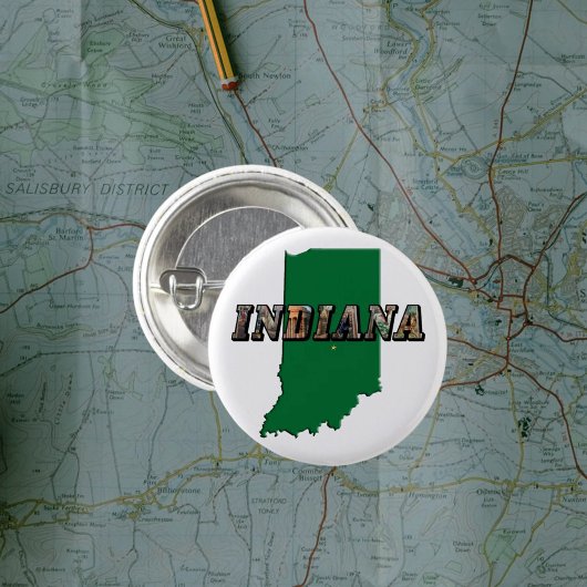 Indiana State Map Groene Omtrek & Fototekst Ronde Button 5,7 Cm