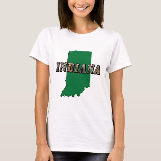 Indiana State Map Groene Omtrek & Fototekst T-shirt (Voorkant)