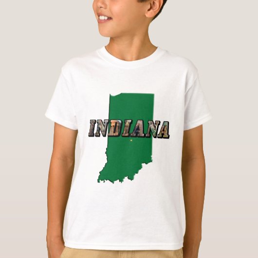 Indiana State Map Groene Omtrek & Fototekst T-shirt (Voorkant)