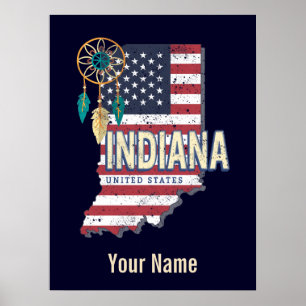 Indiana State United States Retro Map  USA Poster