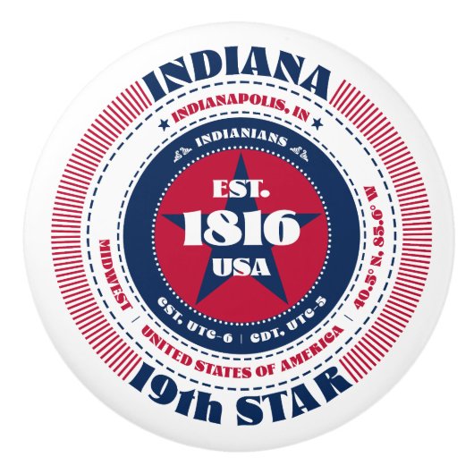 Indiana US State Rood Wit Blauw Typografie Keramische Knop (Voorkant)