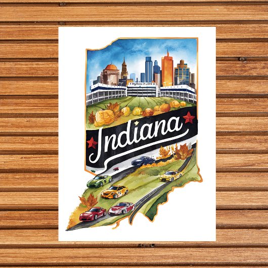 Indiana USA State Shaped  Waterverf Briefkaart