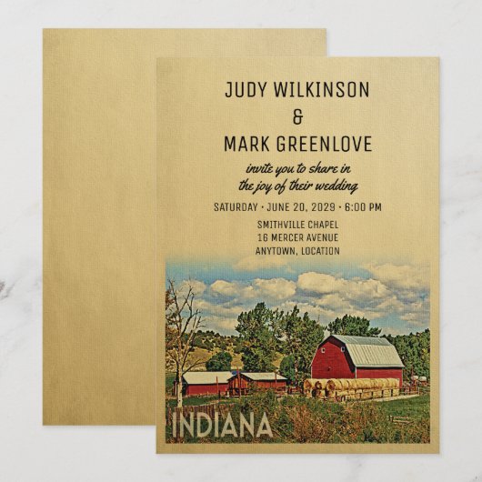 Indiana Wedding Invitation Boerderij Barn Rustic Kaart (Voorkant / Achterkant)