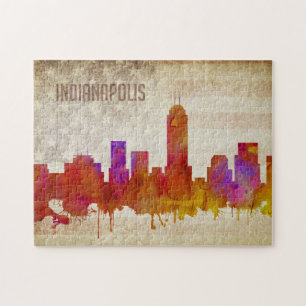 Indianapolis, IN   Waterverf City Skyline Legpuzzel