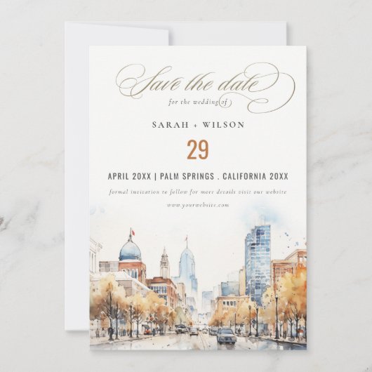 Indianapolis, Indiana Aquarel Landschap Bruiloft Save The Date (Voorkant)
