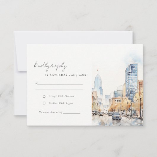 Indianapolis Indiana Landscape Watercolor Wedding RSVP Kaartje (Voorkant)