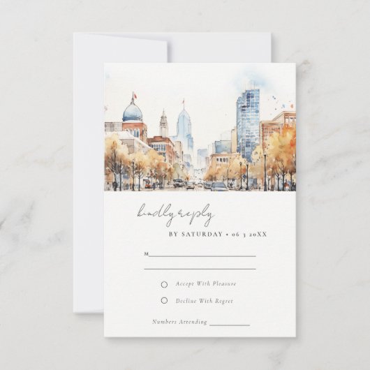 Indianapolis Indiana Landscape Watercolor Wedding RSVP Kaartje (Voorkant)