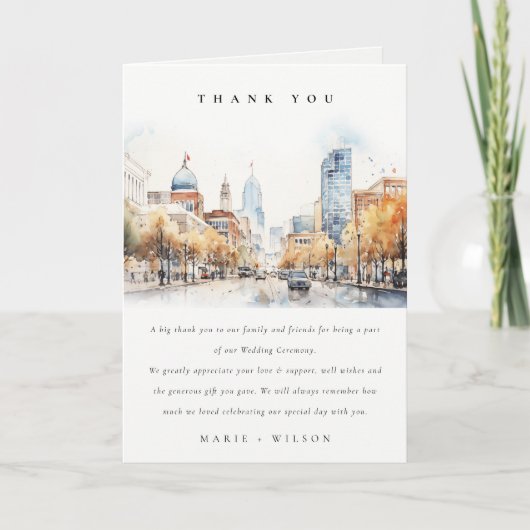 Indianapolis, Indiana Watercolor Landscape Wedding Bedankkaart (Voorkant)
