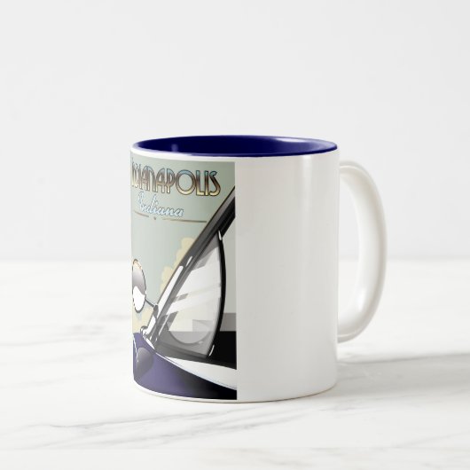 Indianapolis-reisposter voor oldtimers tweekleurige koffiemok (Voorkant rechts)