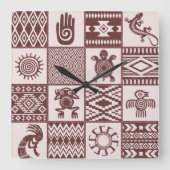 Indianen etnische symbolen bruin patroon vierkante klok (Voorkant)