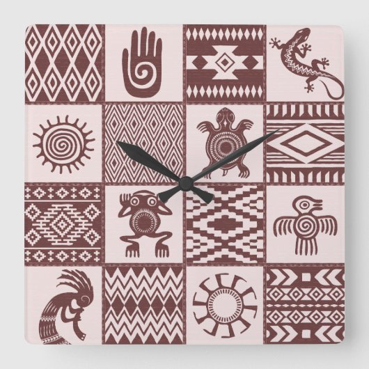 Indianen etnische symbolen bruin patroon vierkante klok (Voorkant)