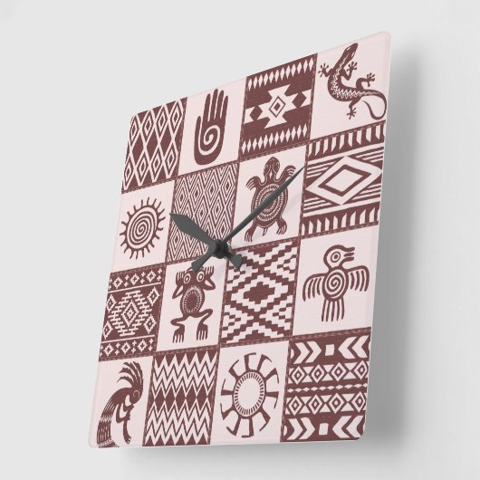 Indianen etnische symbolen bruin patroon vierkante klok (Hoek)