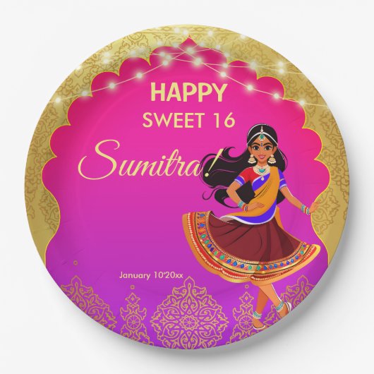 Indiase Bollywood meisjes verjaardagsfeestje sjabl Papieren Bordje (Voorkant)