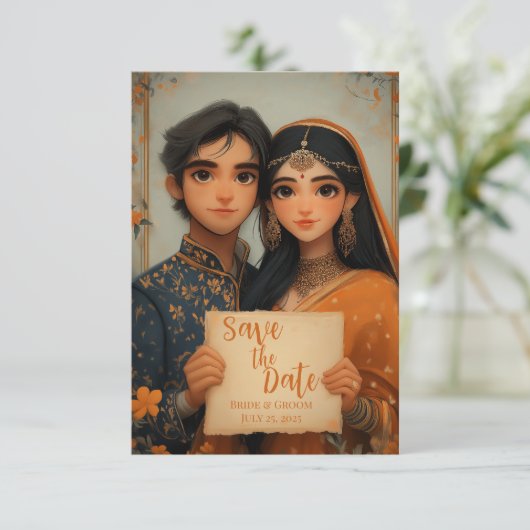 Indiase bruid en bruidegom save the date (Staand voorkant)