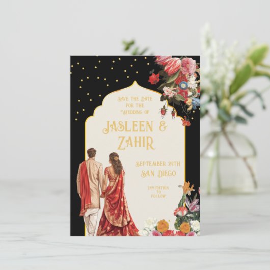 Indiase bruid en bruidegom Save the Date Kaart (Staand voorkant)