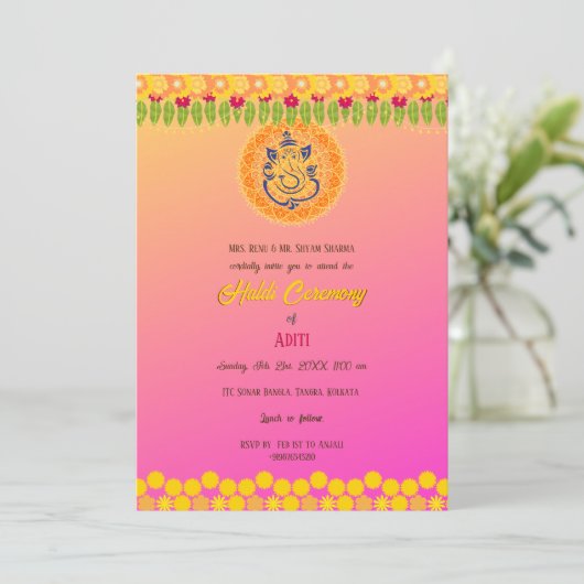 Indiase bruid Haldi ceremonie Hindoe paar bloemen Kaart (Staand voorkant)