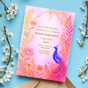 Indiase Bruid Haldi Ceremonie Pauw Bloemstuk Kaart